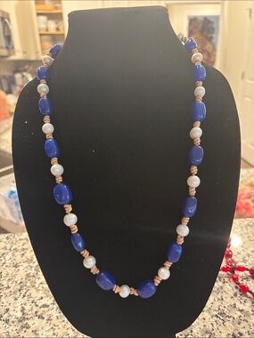 Handcrafted Blue Jade and Pearl Necklace